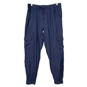 Nicole Miller Pants Womens Large Navy Blue 100% Linen Cargo Jogger Pull On